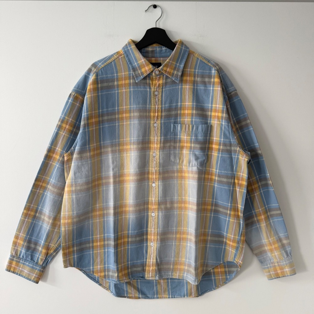 Gap Mens The Big Shirt Blue Plaid Cotton Oversized Button Down Large LS Flannel